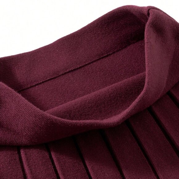 Burgundy Casual Women's Pleated Knit Sweater & Mini Skirt Set - Picture 4 of 8